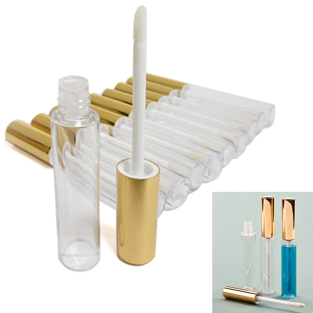 10 Plastic PET Lip Gloss Bottles 10ML Balm Container Clear Stopper Gold Lot