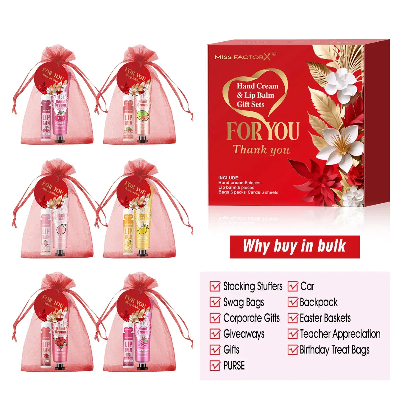 24 Piece Bulk Lip Balm & Hand Cream Set With Thank You Card & Red Gauze Bag