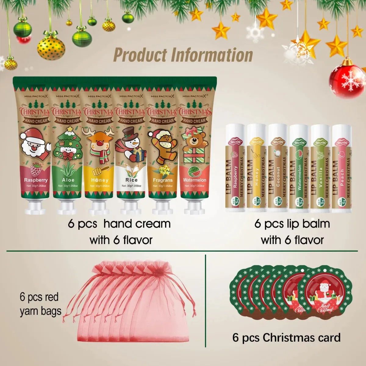 6 Piece Christmas Gift Set Hand Cream Lip Balm Cards & Bags