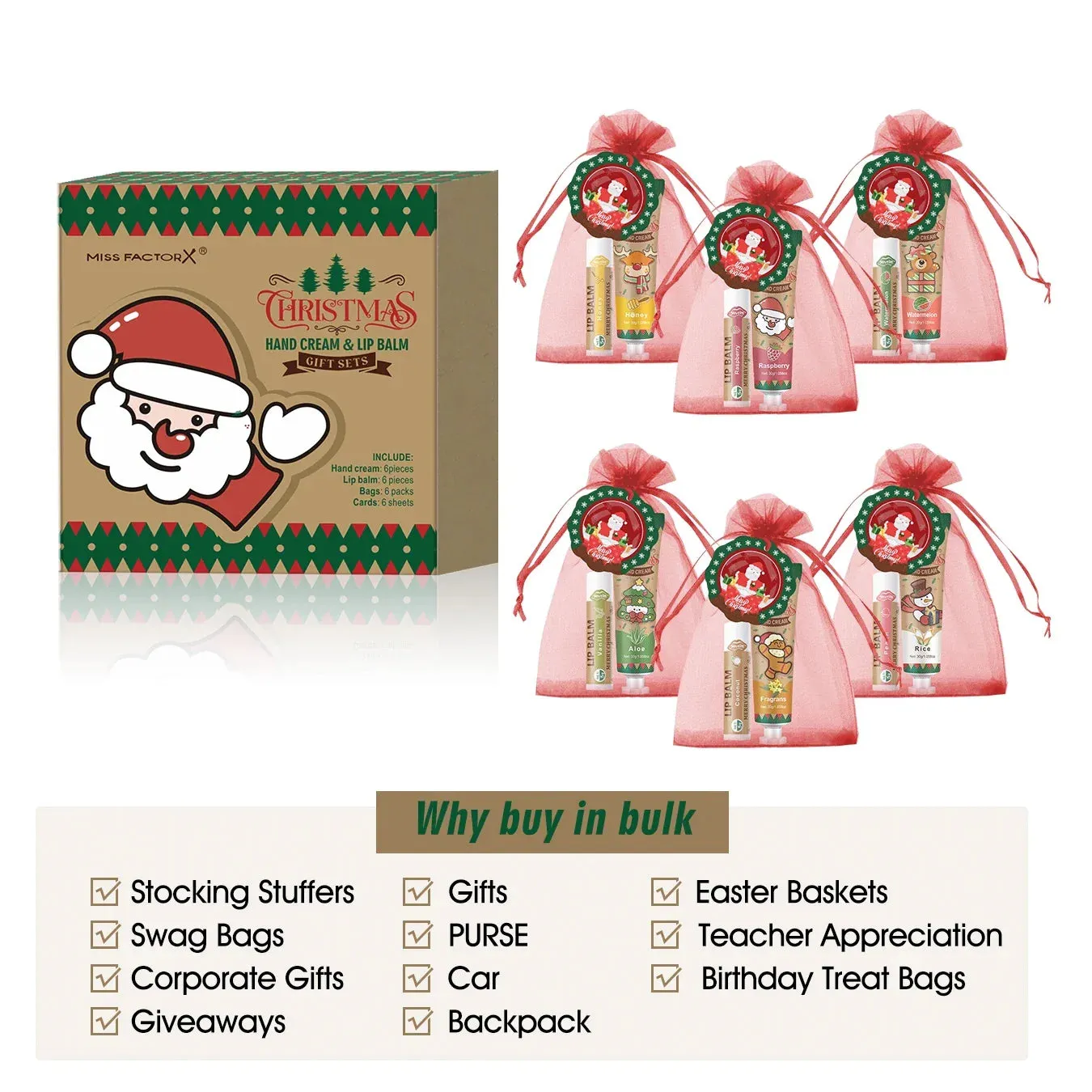 6 Piece Christmas Gift Set Hand Cream Lip Balm Cards & Bags