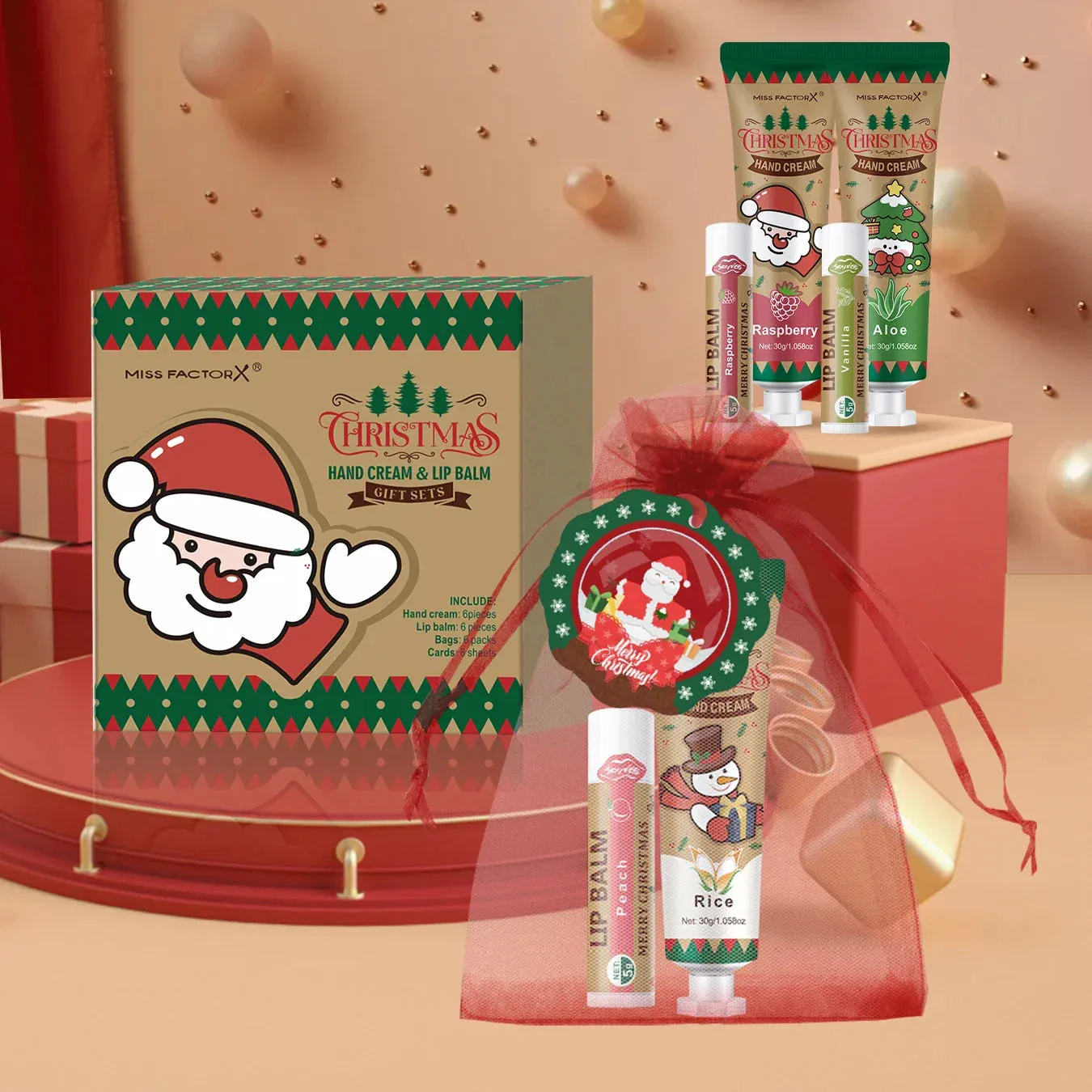 6 Piece Christmas Gift Set Hand Cream Lip Balm Cards & Bags