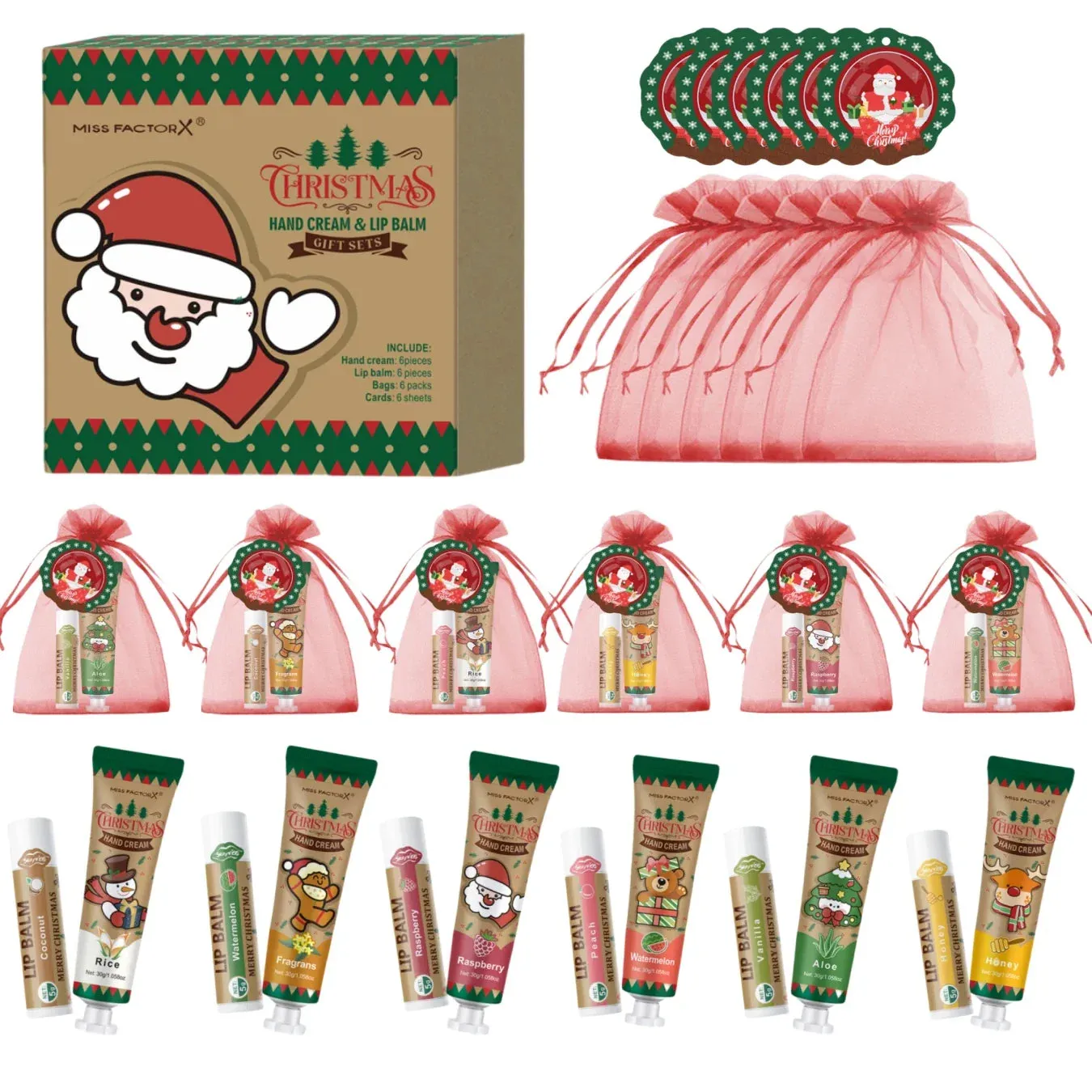 6 Piece Christmas Gift Set Hand Cream Lip Balm Cards & Bags