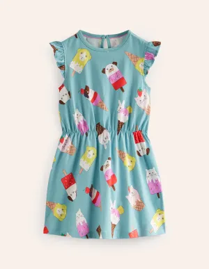 Frill Sleeve Jersey Dress-Aqua Sea Ice Creams