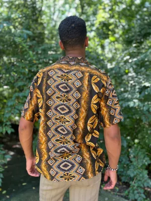 Mens Vintage 70s Brown Cotton Aloha Shirt, Tropicana
